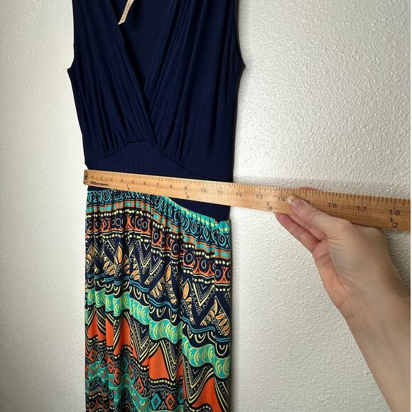 Gilli Navy Blue Teal Orange Multi Print Faux Wrap V-Neck Sleeveless Maxi Dress M - Picture 12 of 14